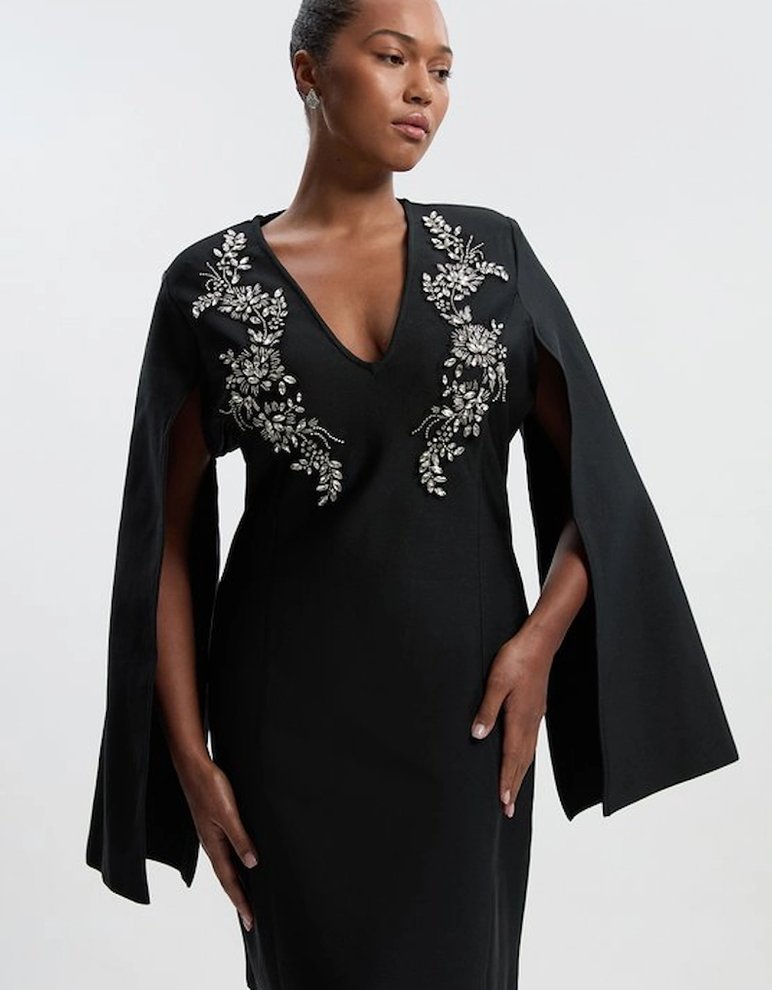 Plus Size Bandage Form Fitting Cape Sleeve Embellished Mini Dress, 5 of 4