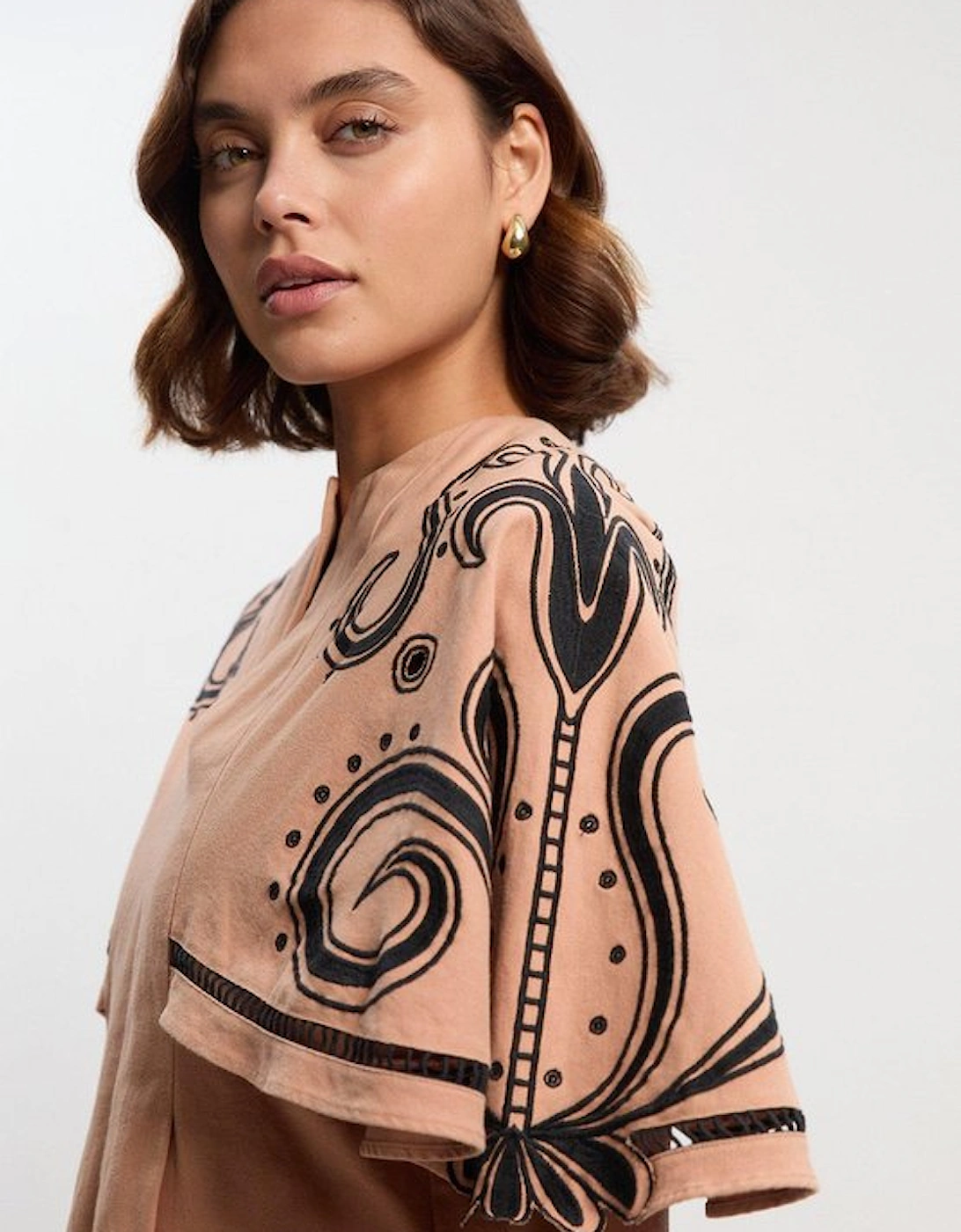 Baroque Embroidered Cape Sleeve Woven Twill Top