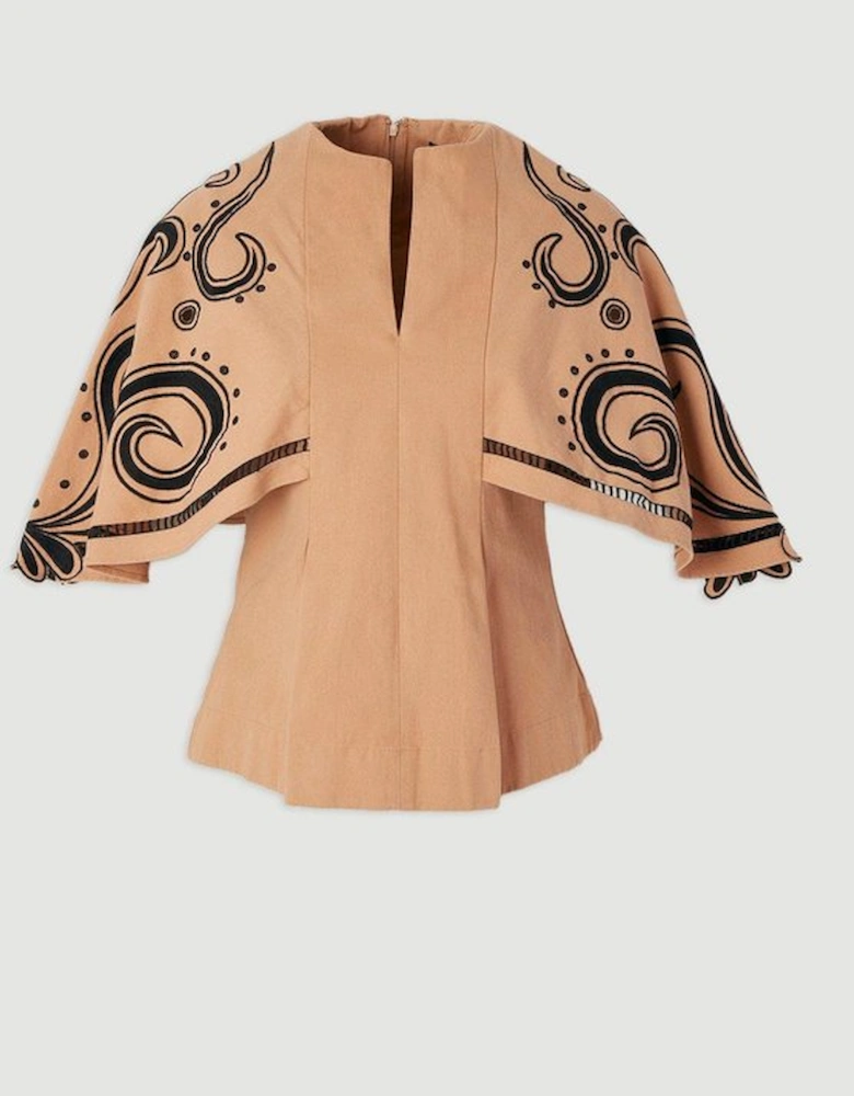 Baroque Embroidered Cape Sleeve Woven Twill Top