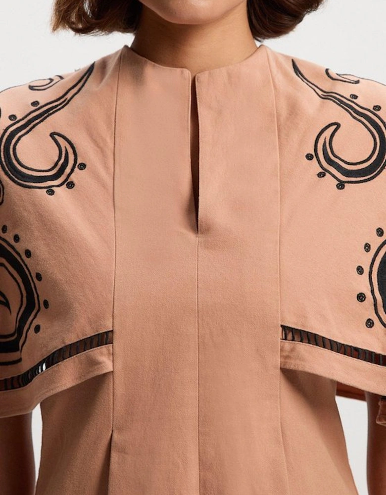 Baroque Embroidered Cape Sleeve Woven Twill Top