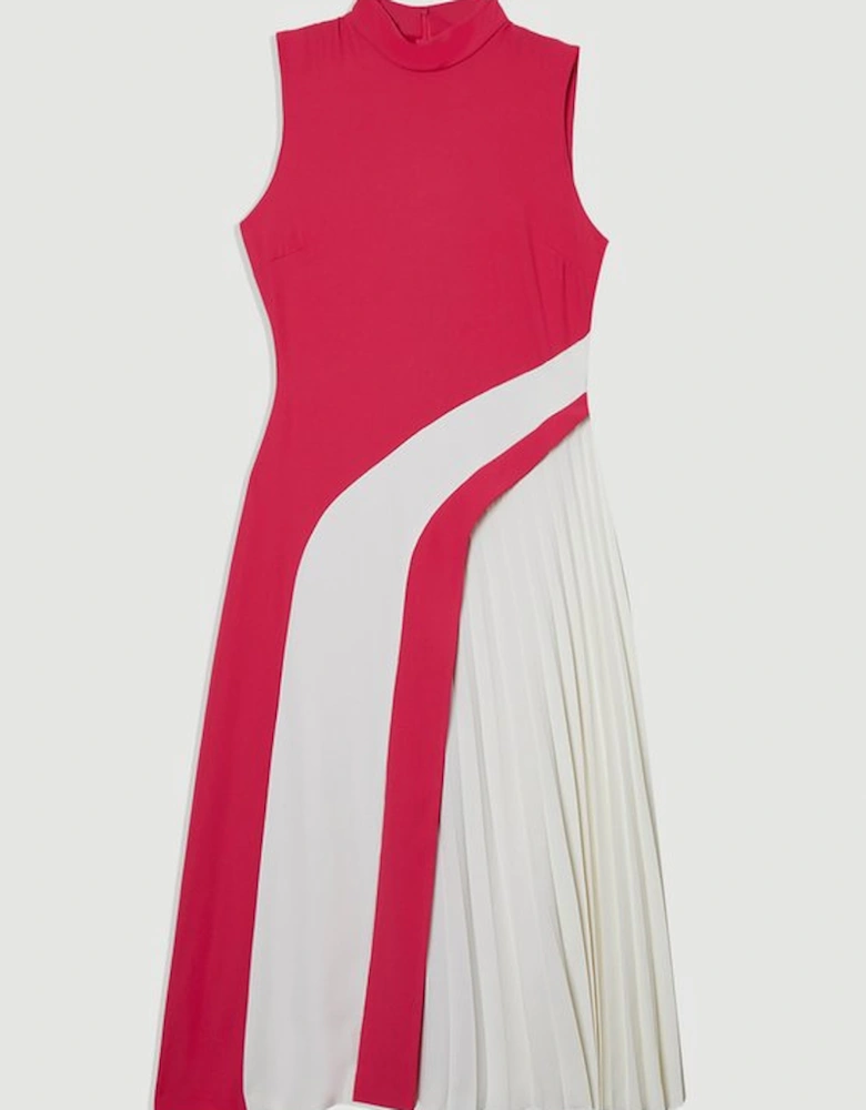 Fluid Tailored Colourblock High Neck Pleated Midi Dress
