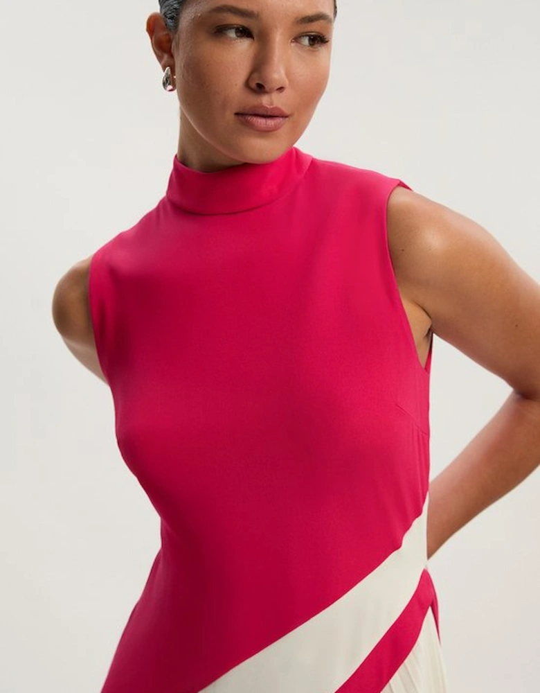 Fluid Tailored Colourblock High Neck Pleated Midi Dress