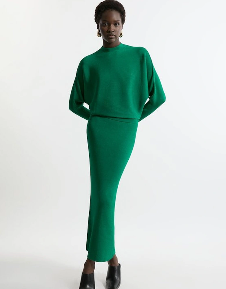 Slinky Drape Knit Bat Wing Pencil Midi Dress