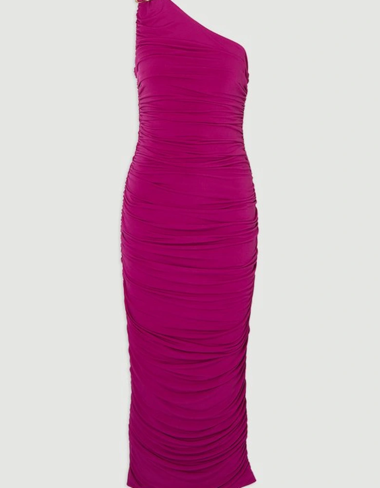 One Shoulder Drapey Crepe Trim Detail Ruched Maxi Dress