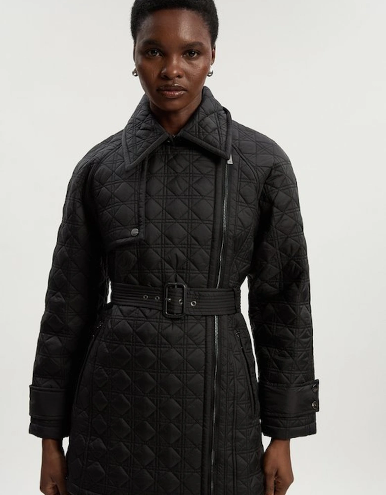 Diamond Quilted Belted Short Puffer Trench Jacket