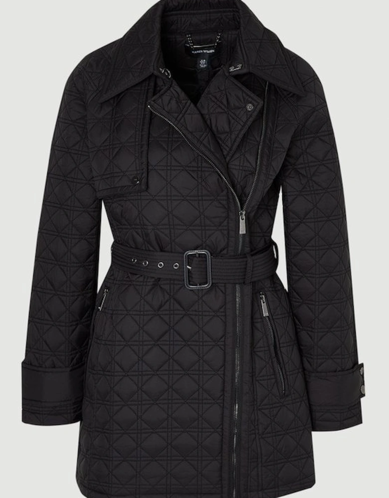 Diamond Quilted Belted Short Puffer Trench Jacket
