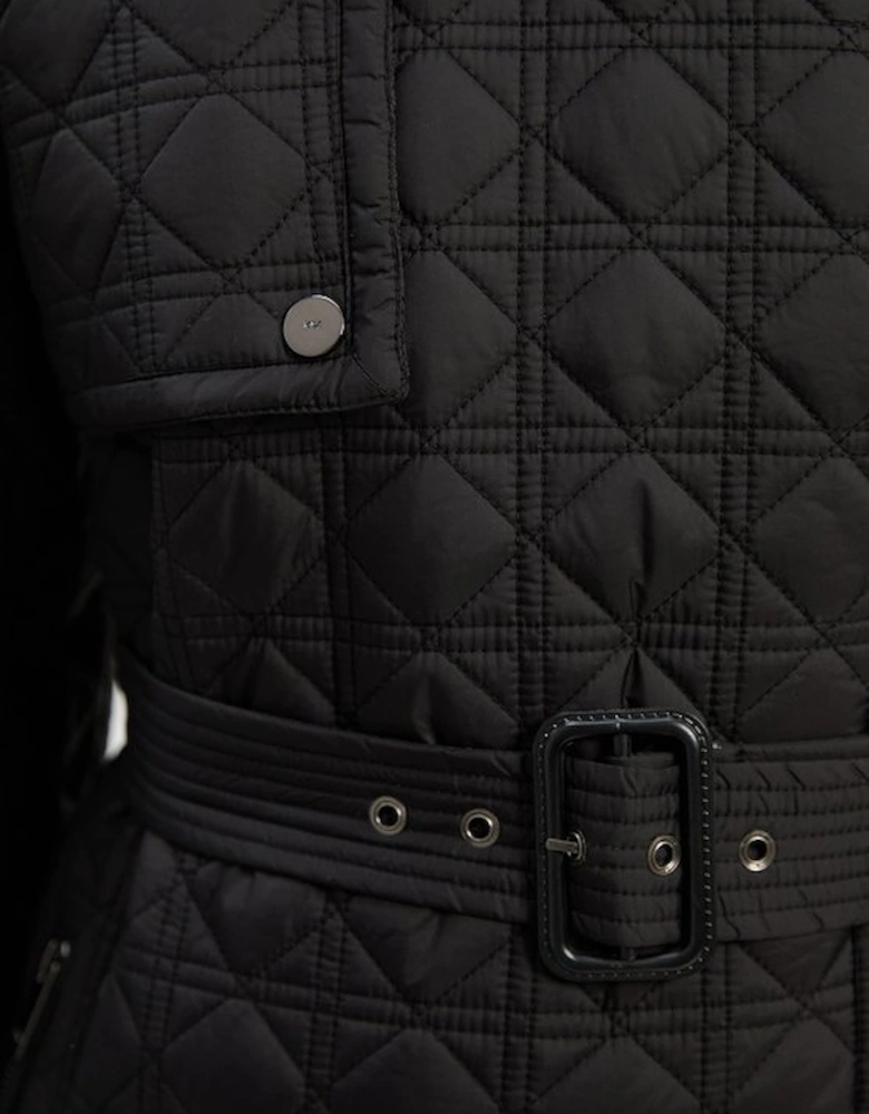 Diamond Quilted Belted Short Puffer Trench Jacket
