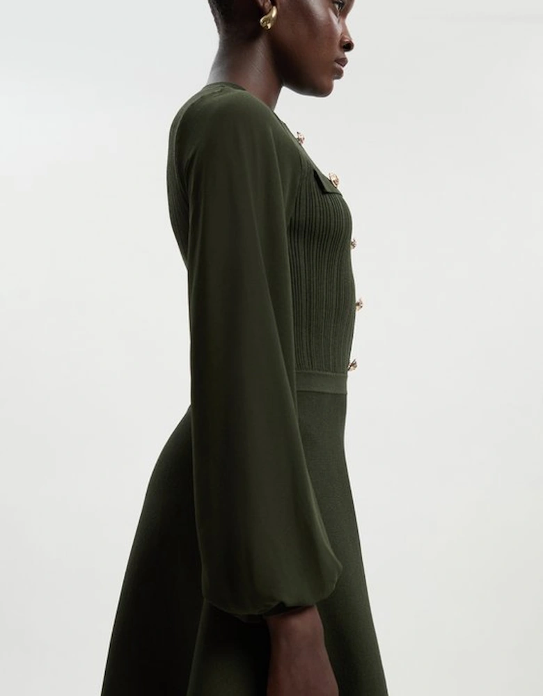 Petite Viscose Blend Mini Knit Dress With Chiffon Sleeve Military Trim