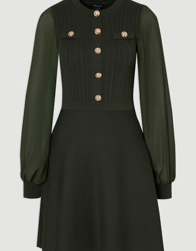 Petite Viscose Blend Mini Knit Dress With Chiffon Sleeve Military Trim