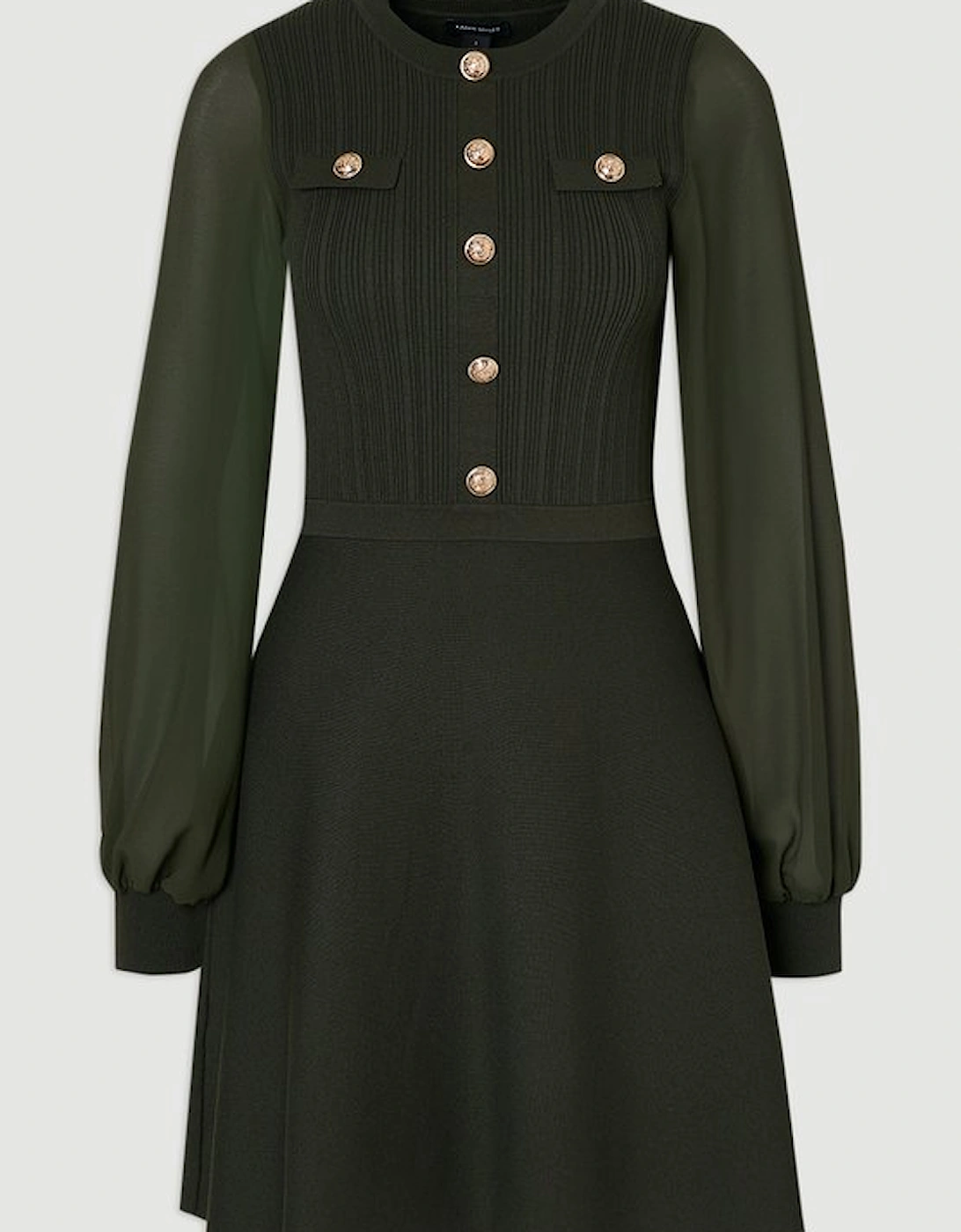 Petite Viscose Blend Mini Knit Dress With Chiffon Sleeve Military Trim