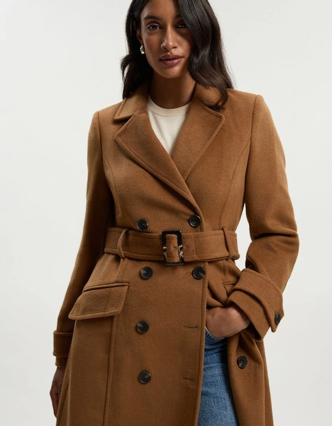 Tailored Wool Blend Double Breasted Buckle Belted Midi Coat
