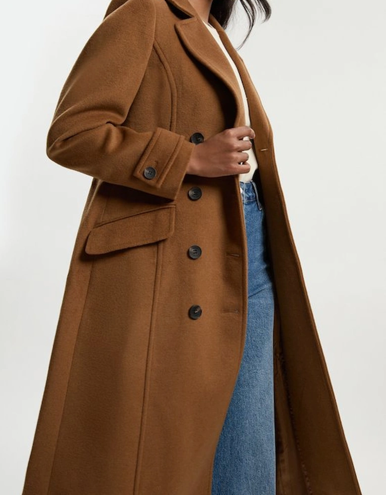 Tailored Wool Blend Double Breasted Buckle Belted Midi Coat