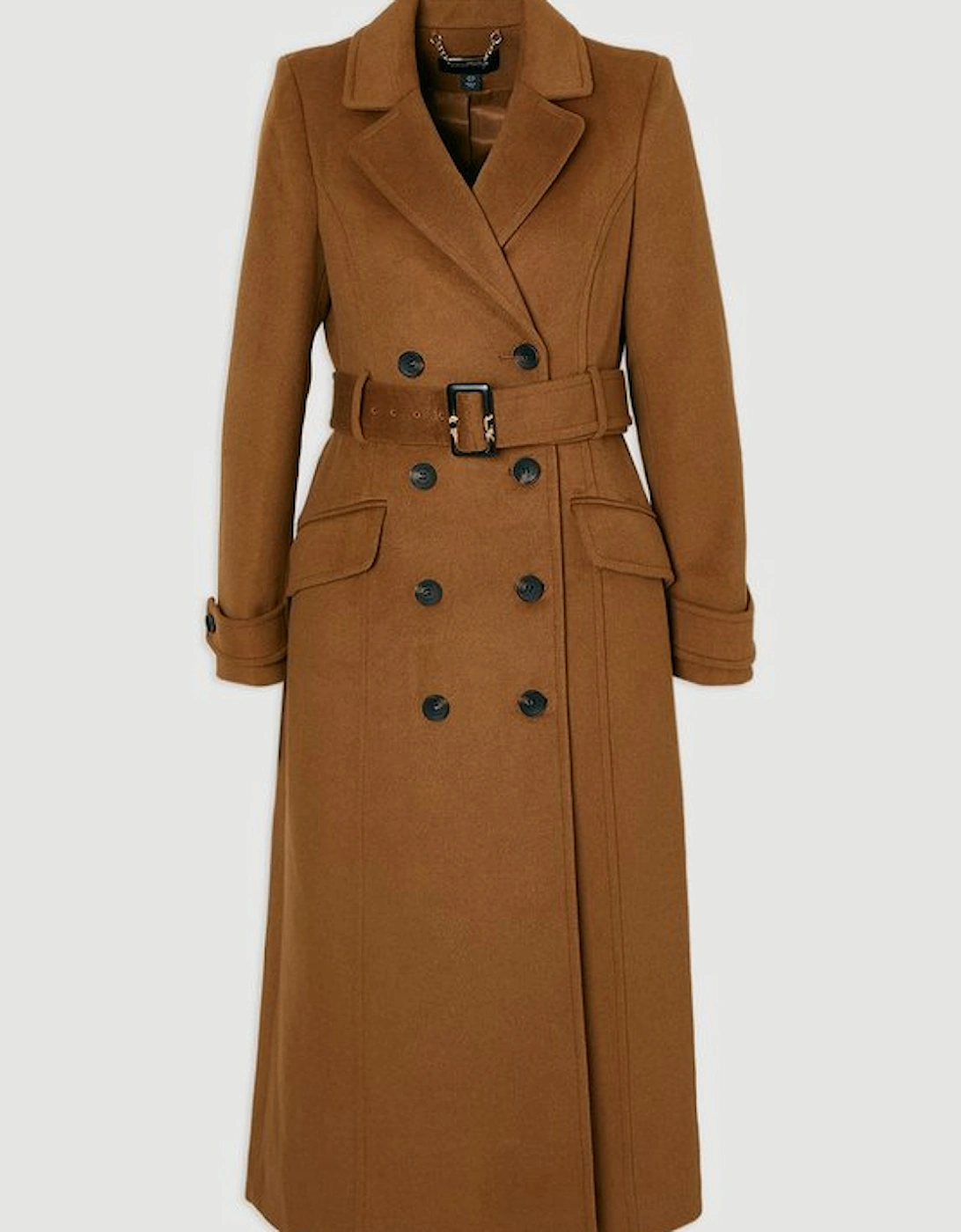 Tailored Wool Blend Double Breasted Buckle Belted Midi Coat