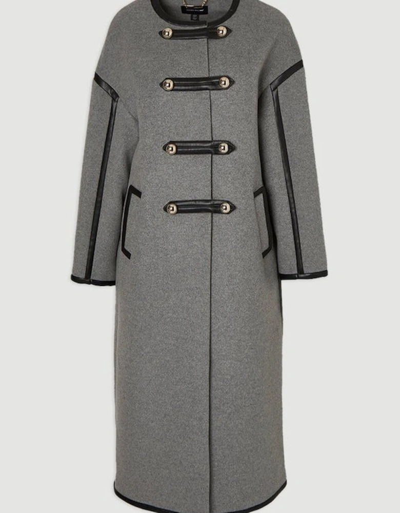 Brushed Wool PU Mix Tailored Collarless Midi Coat