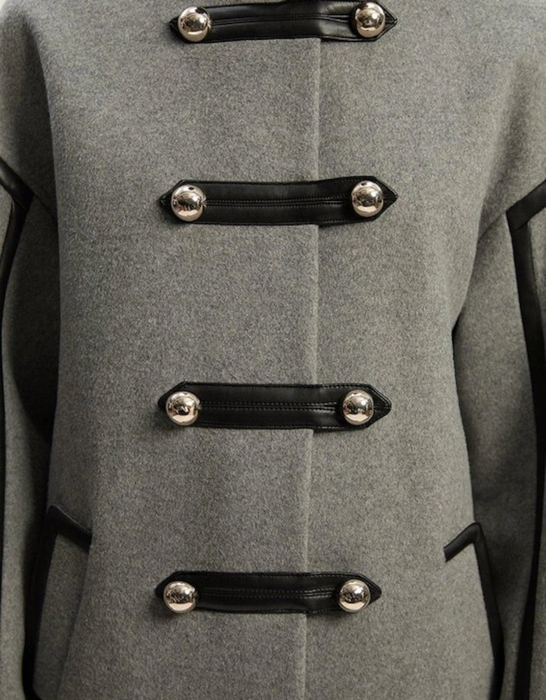 Brushed Wool PU Mix Tailored Collarless Midi Coat