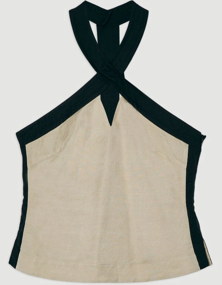 Linen Viscose Colour Block Halter Neck Woven Top