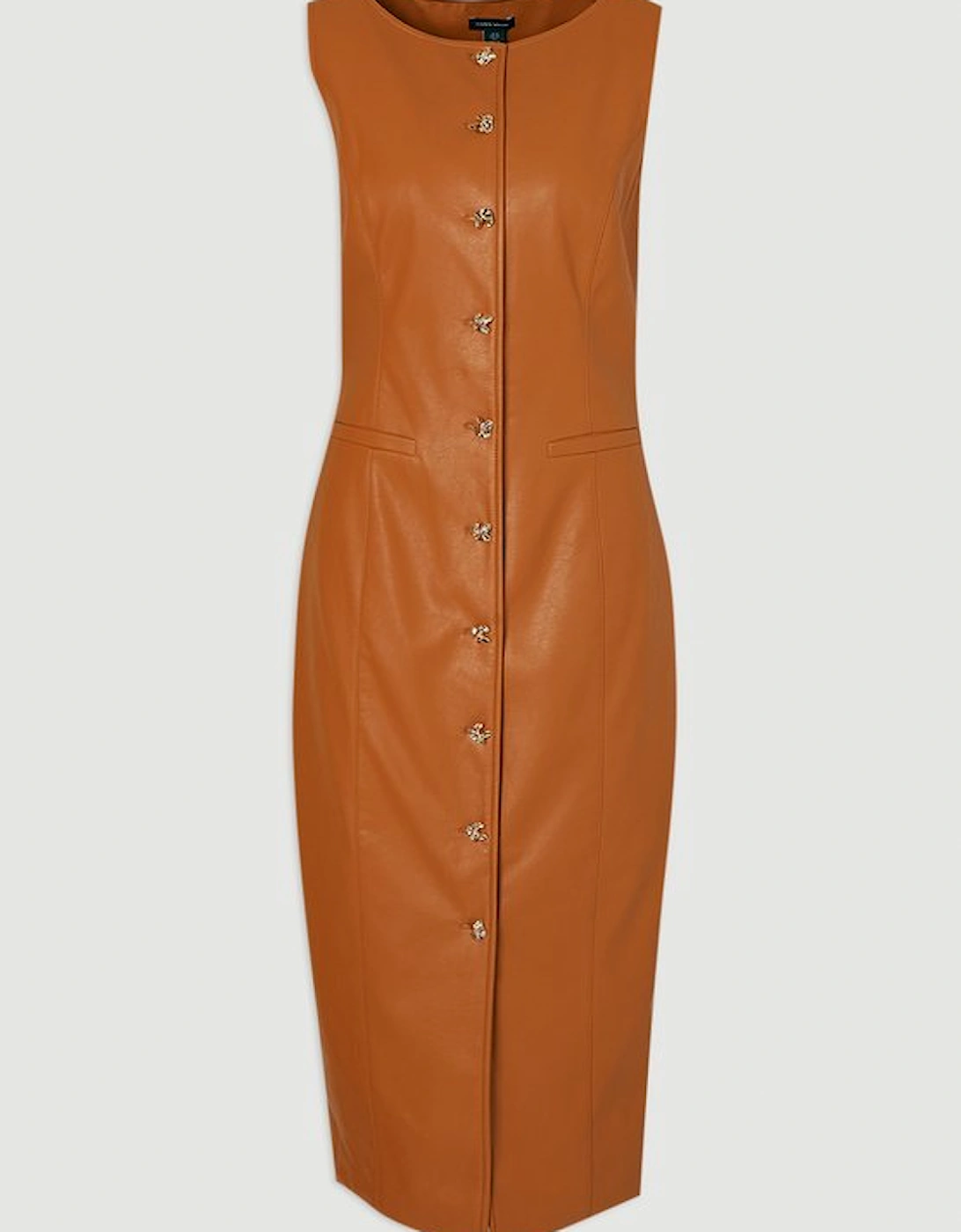 Faux Leather Button Detail Midi Pencil Dress