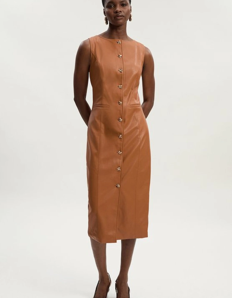 Petite Faux Leather Button Detail Midi Pencil Dress