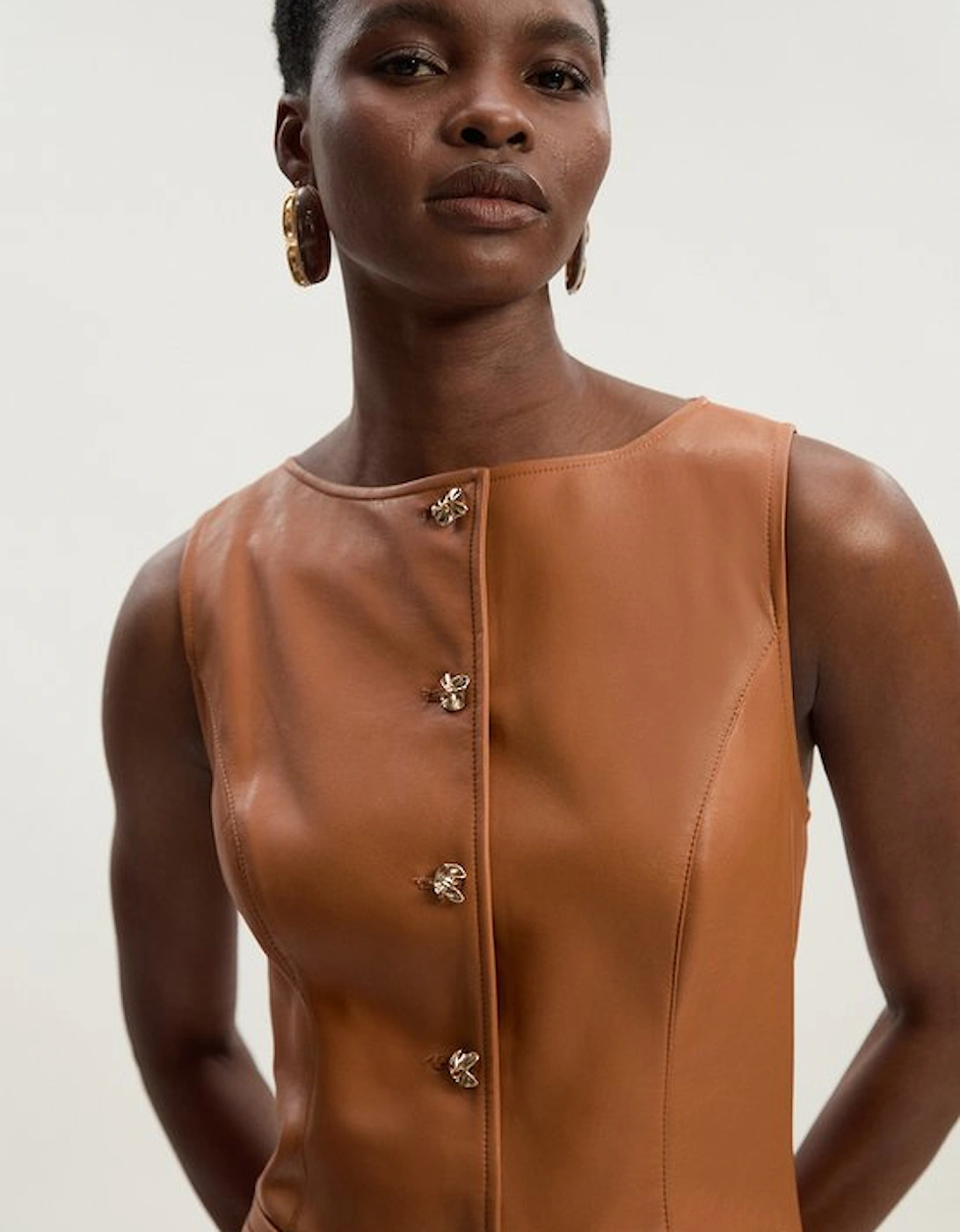 Faux Leather Button Detail Midi Pencil Dress