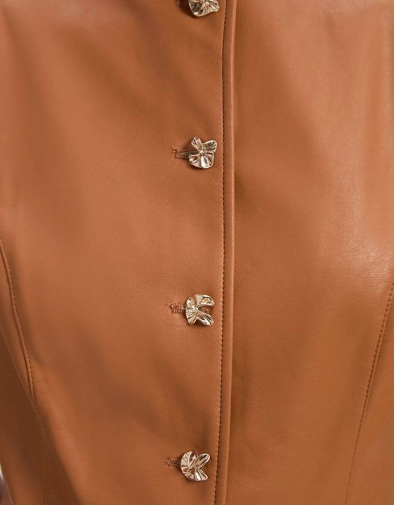 Faux Leather Button Detail Midi Pencil Dress