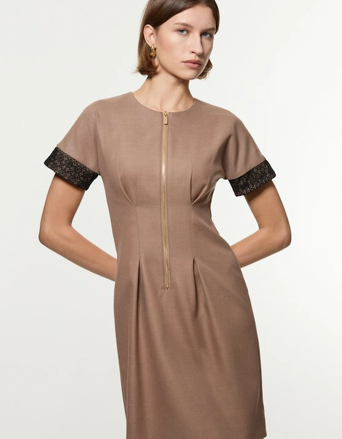 Petite Tailored Twill Lace Mix Zip Front Mini Dress, 5 of 4