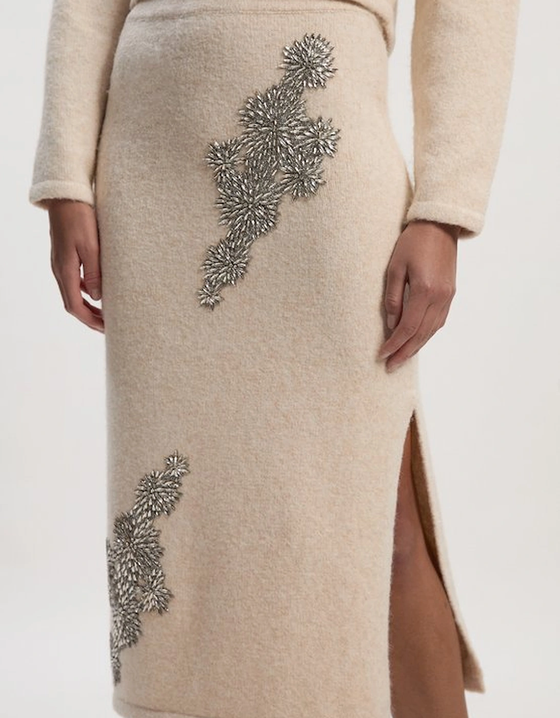 Wool Blend Embellished Cosy Pencil Midi Skirt