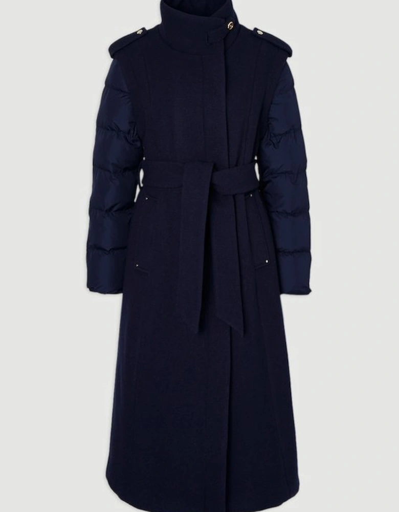 Wool Hybrid Puffer High Neck Belted Midi Coat