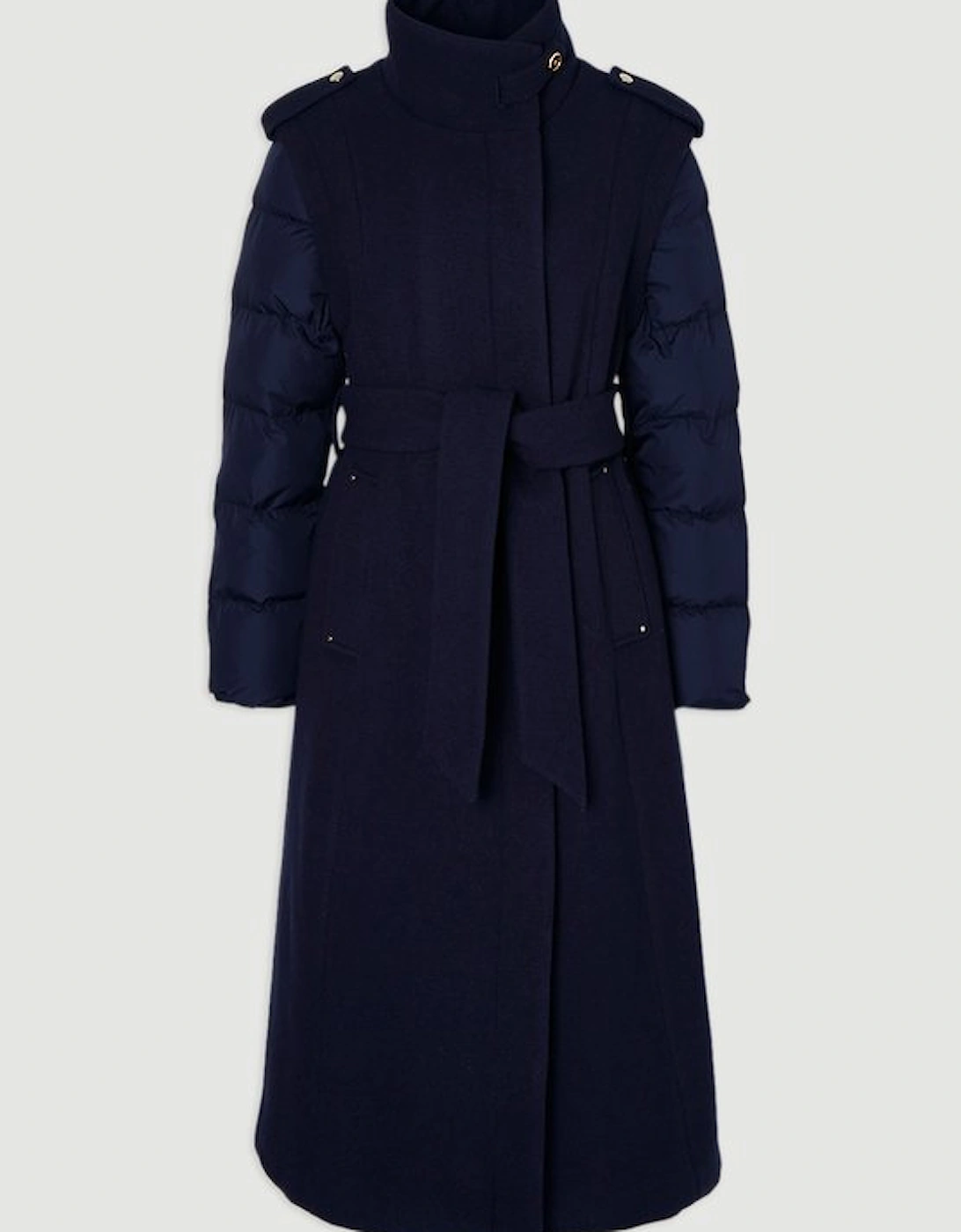 Wool Hybrid Puffer High Neck Belted Midi Coat