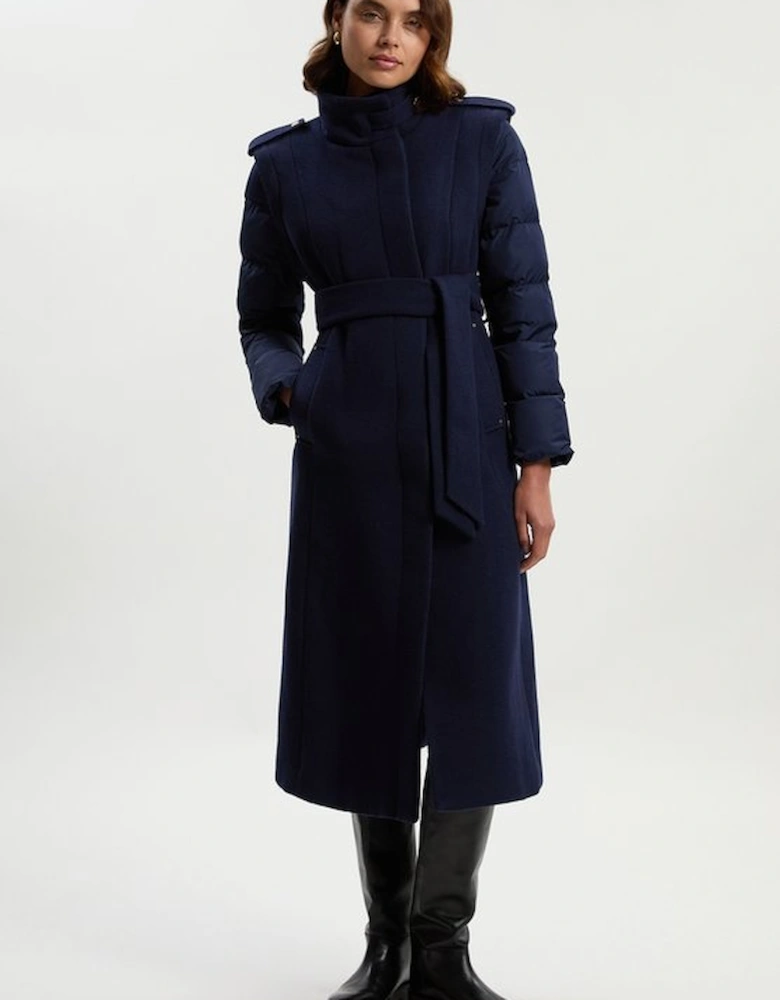 Wool Hybrid Puffer High Neck Belted Midi Coat