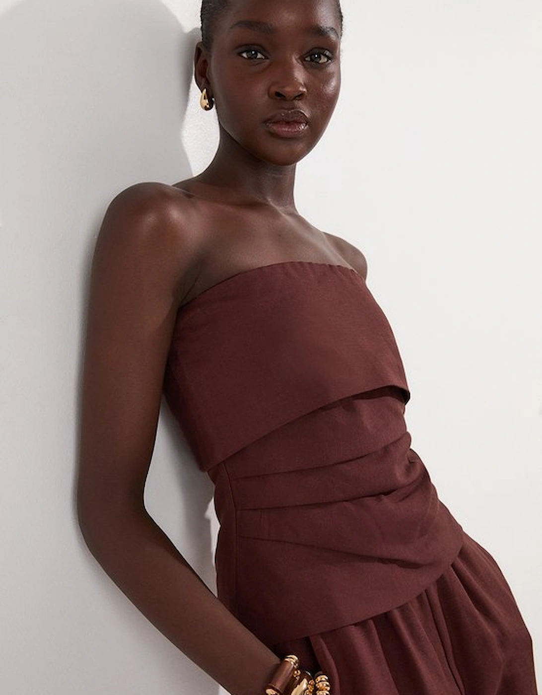Linen Viscose Woven Bandeau Top With Ruched Side Detail, 5 of 4