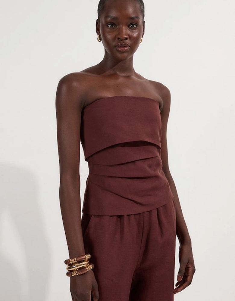 Linen Viscose Woven Bandeau Top With Ruched Side Detail