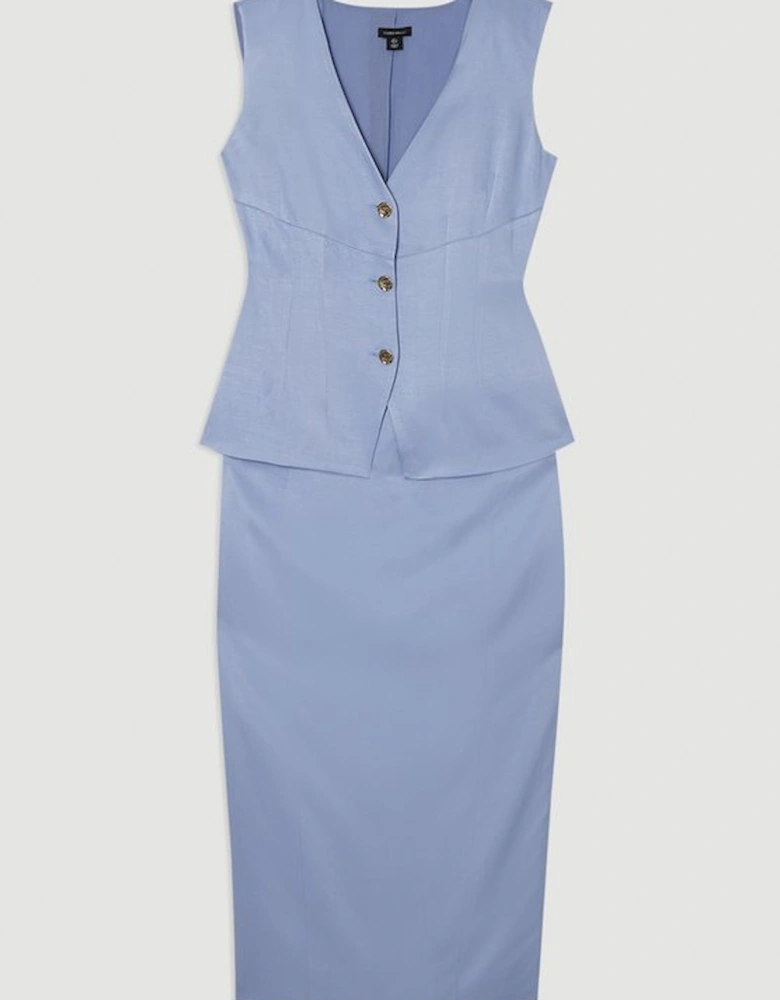 Premium Viscose Linen Tailored Ruffle Pencil Midi Dress