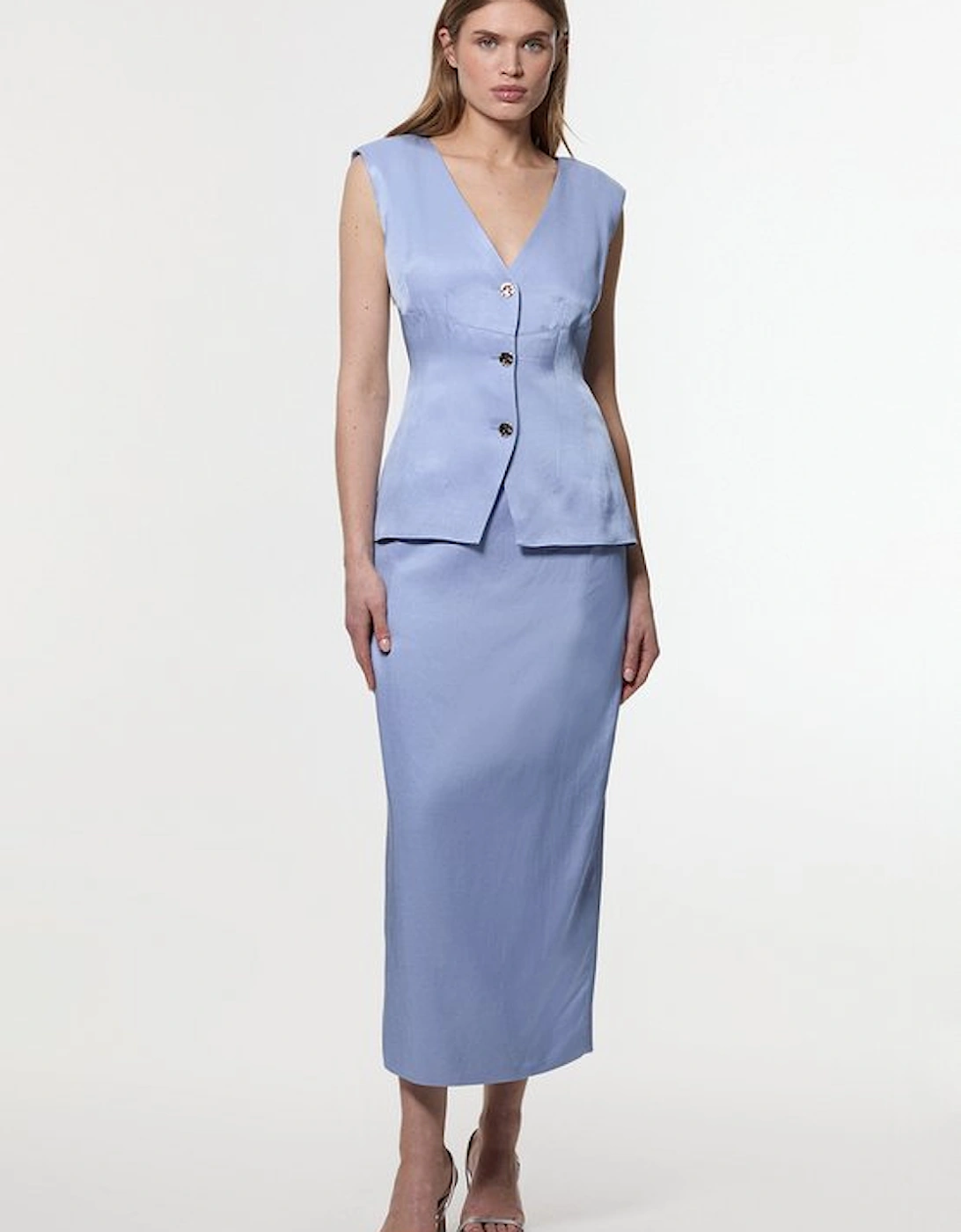Premium Viscose Linen Tailored Ruffle Pencil Midi Dress