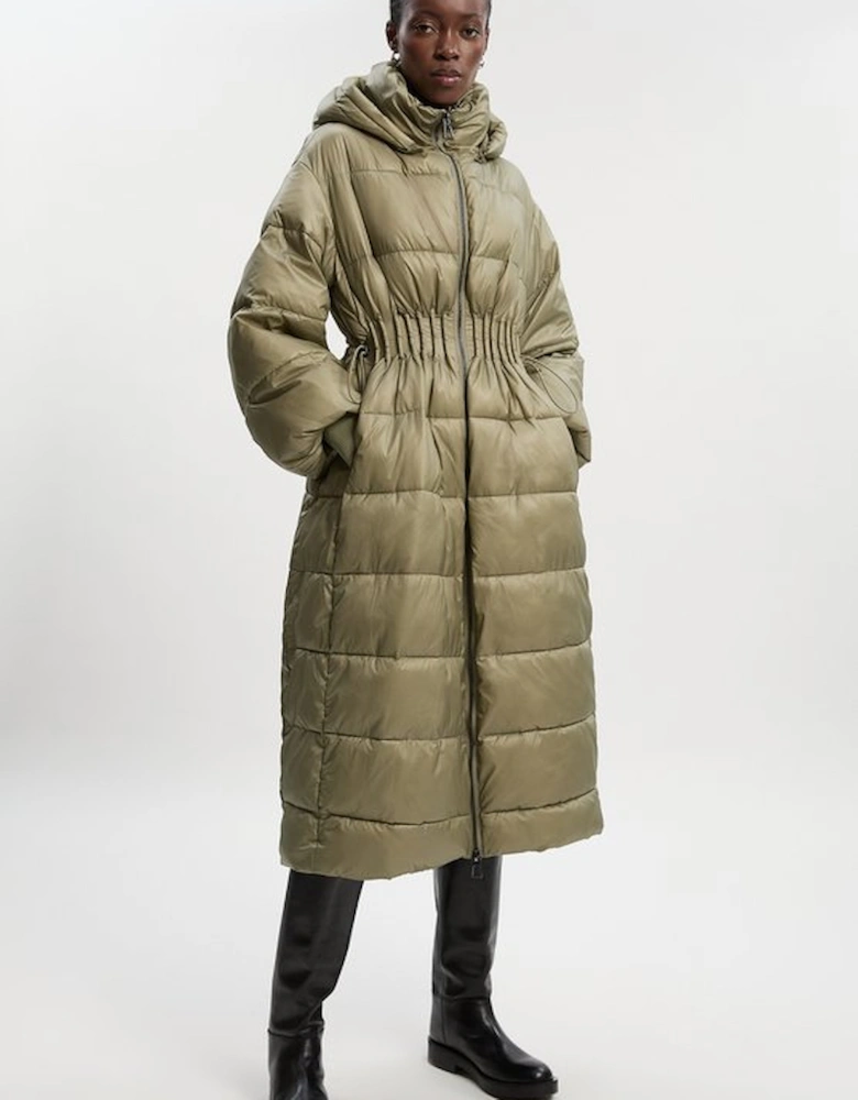 Quilted Drawstring Waist Hooded Rib Cuff Maxi Puffer Coat