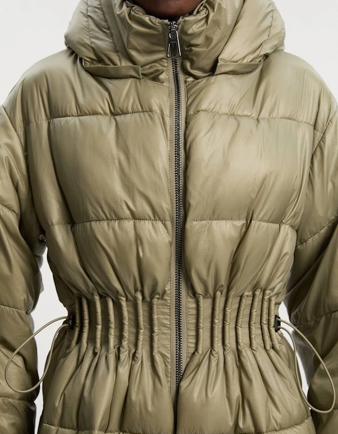 Quilted Drawstring Waist Hooded Rib Cuff Maxi Puffer Coat