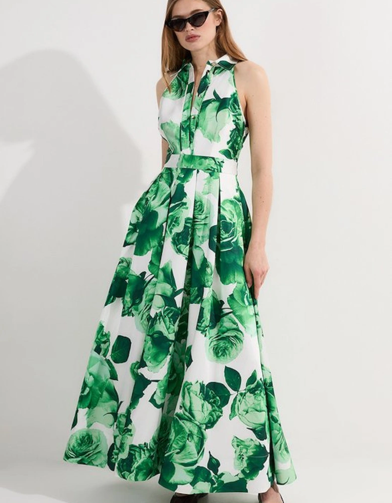 Rose Print Twill Collared Maxi Dress