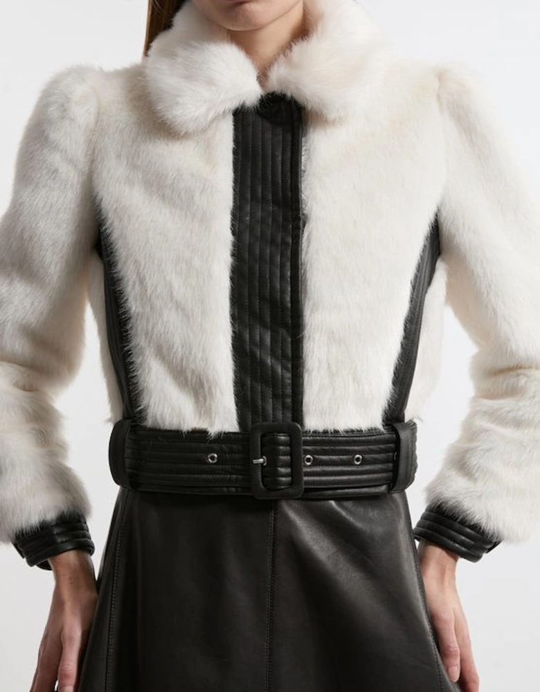 Faux Fur Pu Panelled Belted Cropped Jacket