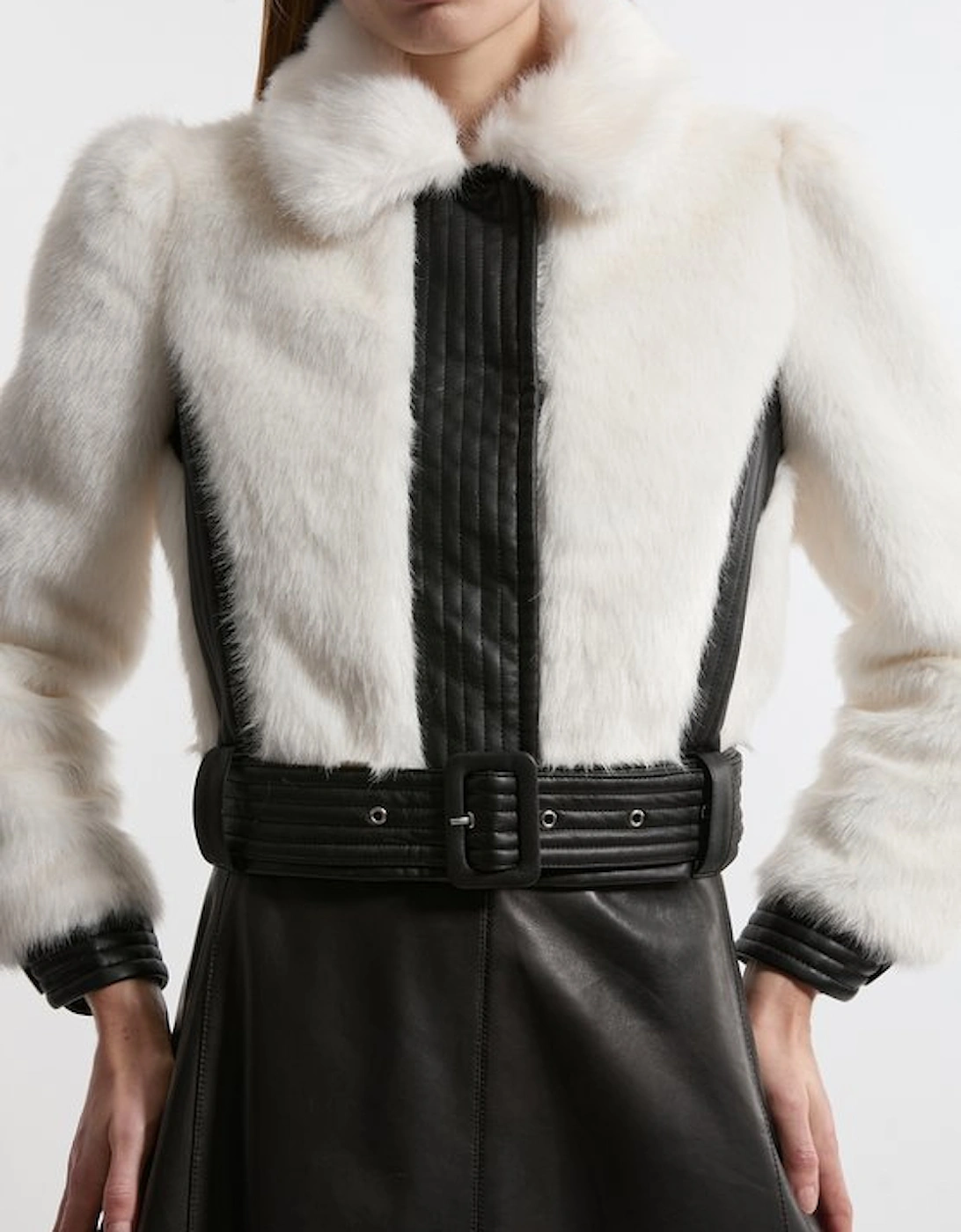 Faux Fur Pu Panelled Belted Cropped Jacket