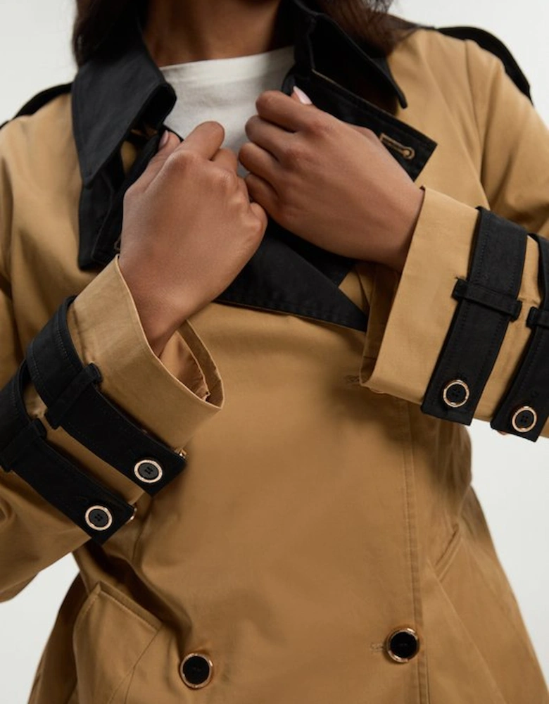 Petite Colour Block Belted Tailored Short Trench Coat