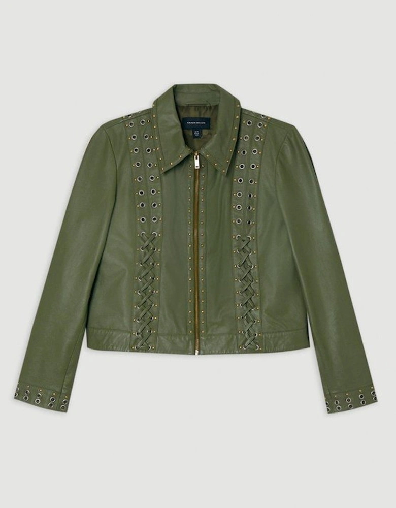 Leather Eyelet And Lace Trim Collared Jacket