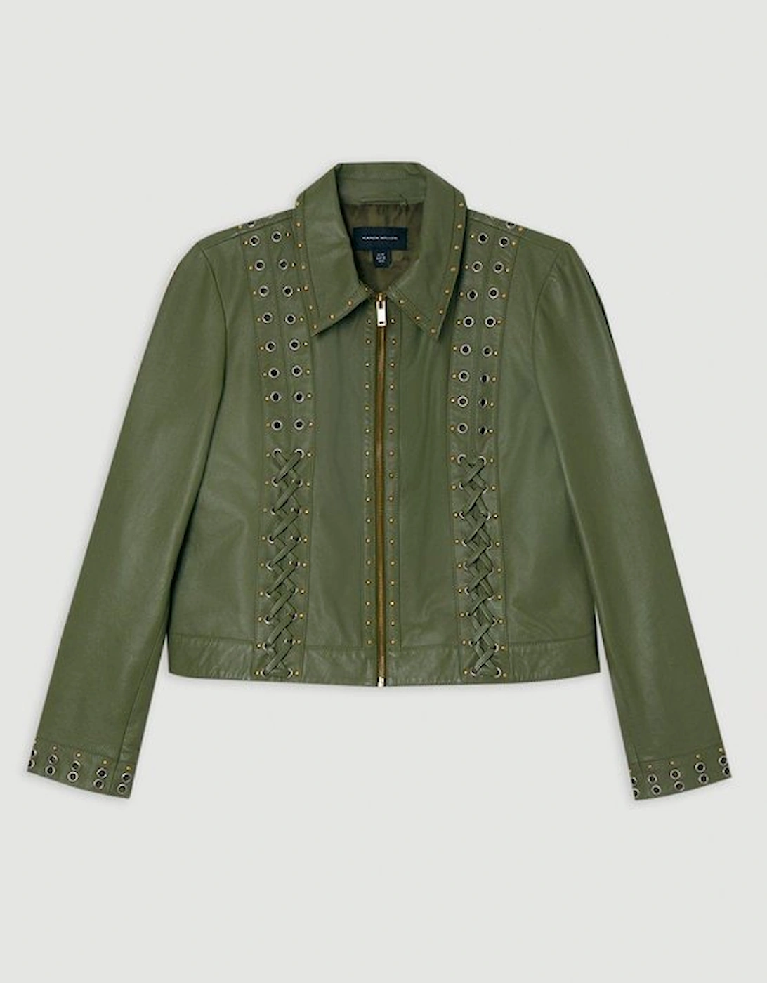 Leather Eyelet And Lace Trim Collared Jacket