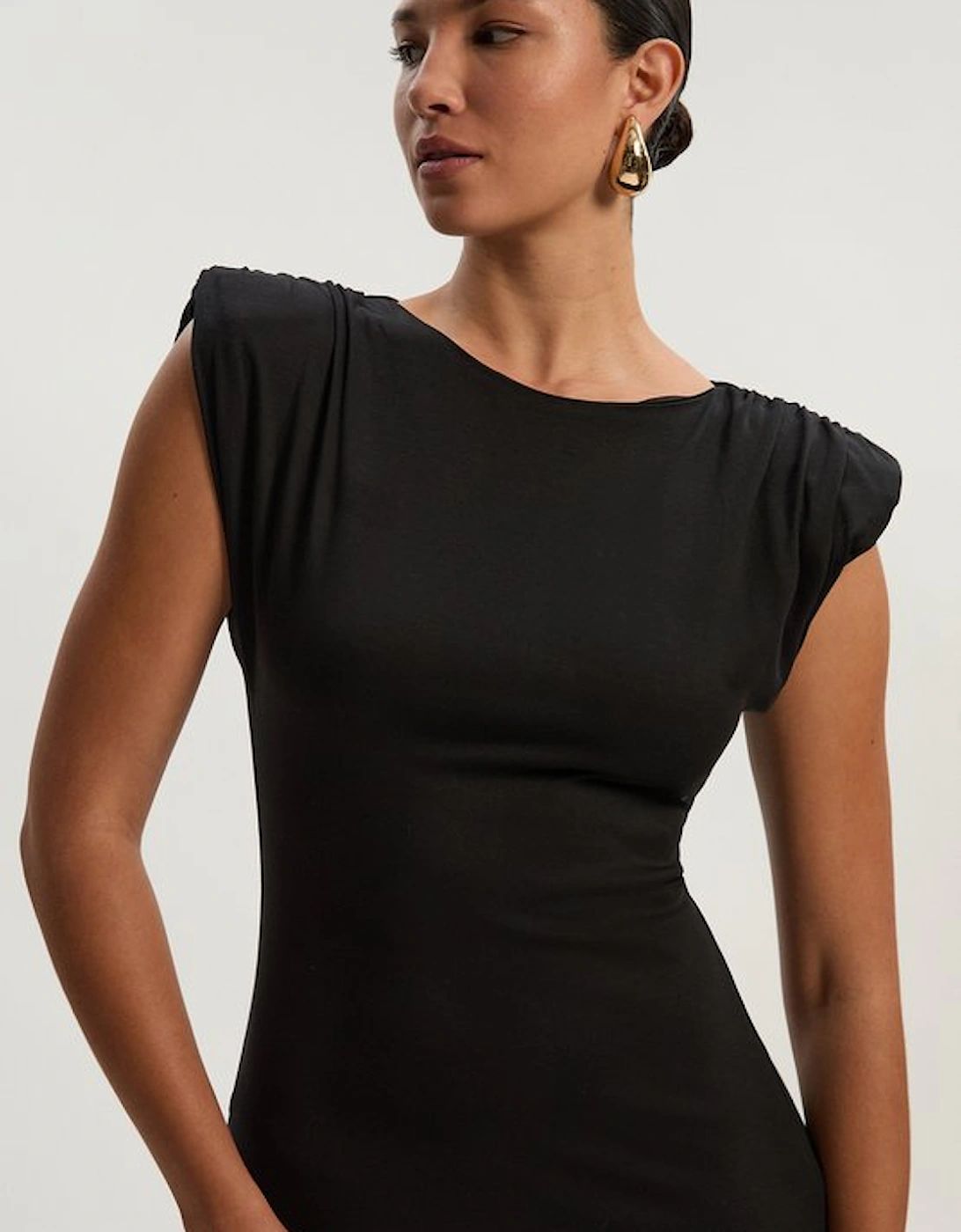 Stretch Jersey Power Shoulder Midi Dress