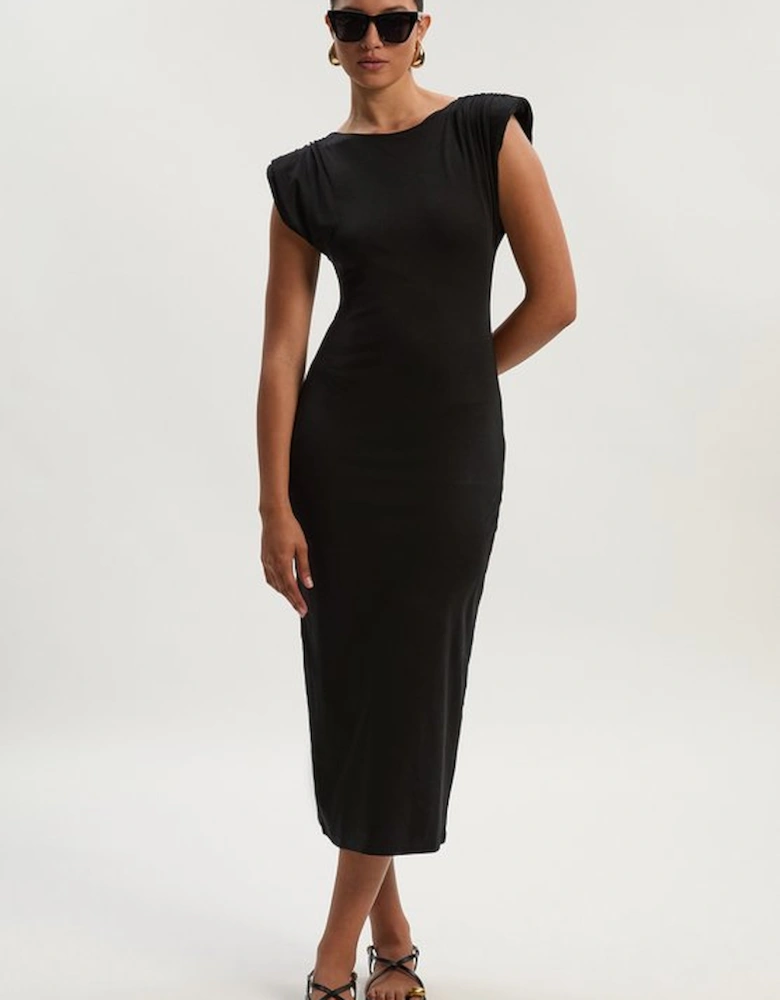 Stretch Jersey Power Shoulder Midi Dress