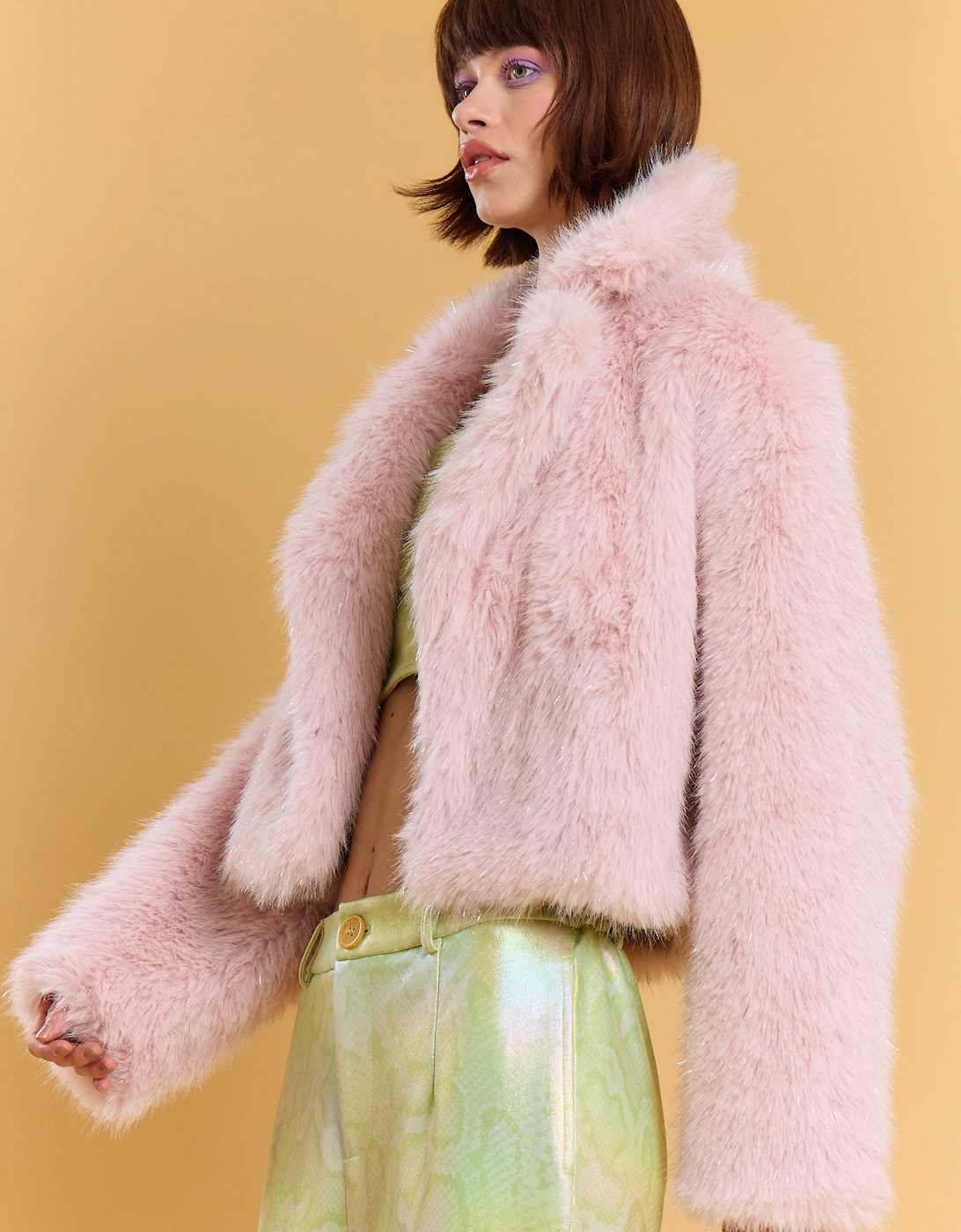 Pink Bamboo Sparkle Faux Fur Jacket