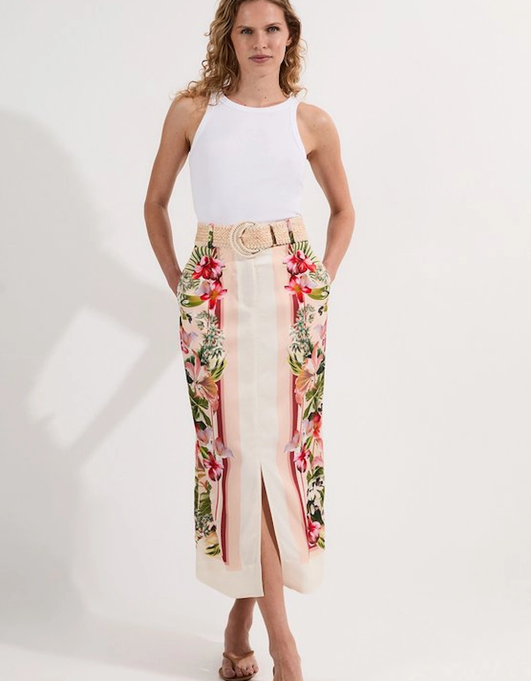 Mirrored Viscose Linen Floral Print With Raffia Belt Woven Midi Skirt, 5 of 4