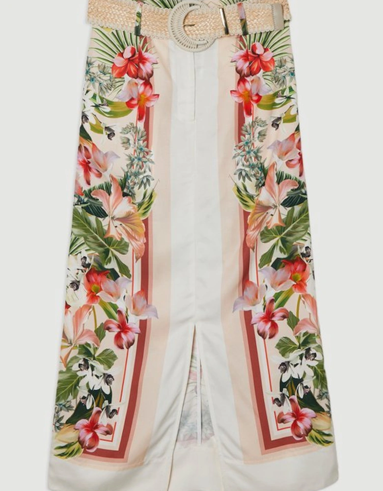 Mirrored Viscose Linen Floral Print With Raffia Belt Woven Midi Skirt