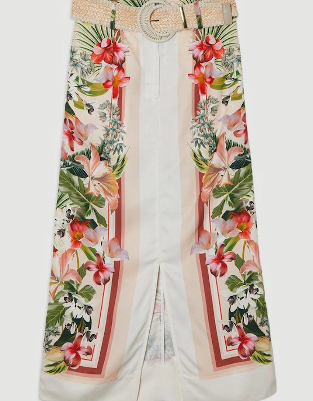 Mirrored Viscose Linen Floral Print With Raffia Belt Woven Midi Skirt