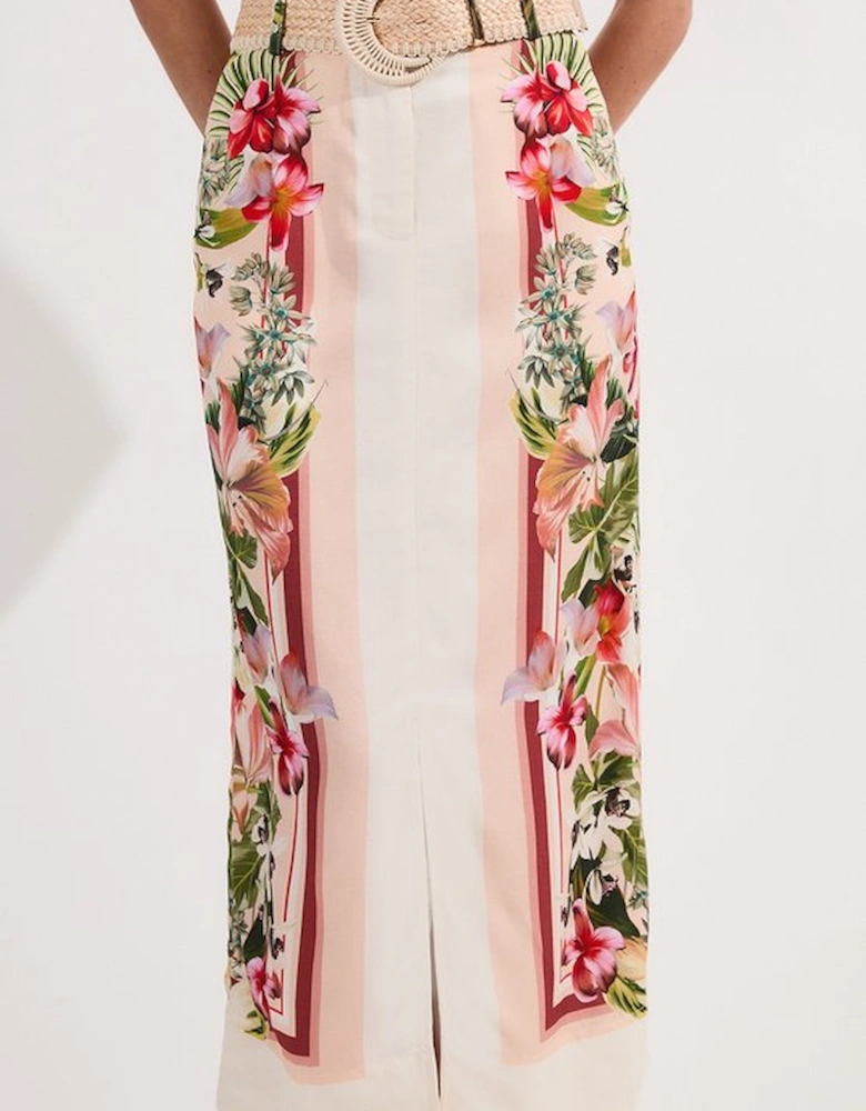 Mirrored Viscose Linen Floral Print With Raffia Belt Woven Midi Skirt