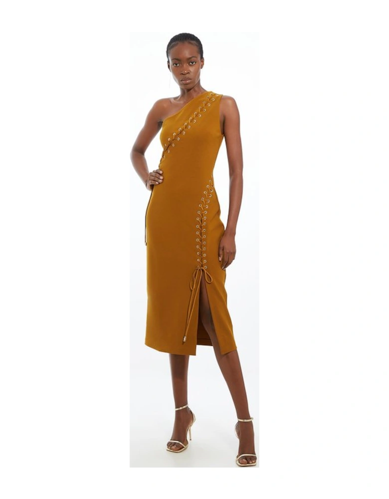Petite Figure Form Laced Detail Woven One Shoulder Midi Dress