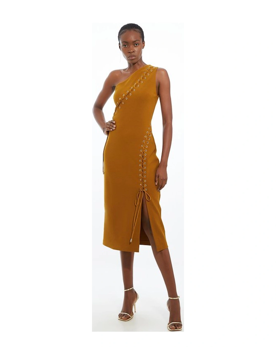 Petite Figure Form Laced Detail Woven One Shoulder Midi Dress